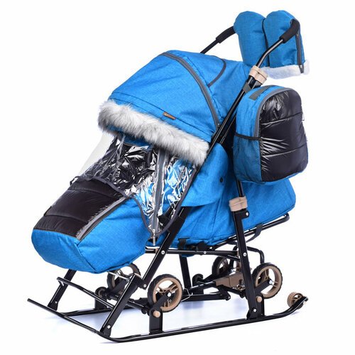 Санки-коляска детские с выдвижными колесами, варежками и сумкой GALAXY 'Glory gloss' (лен бирюзовый)