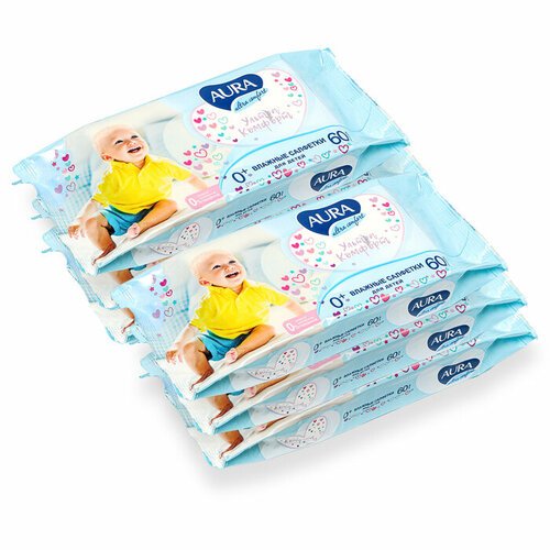 Влажные салфетки Aura Ultra Comfort детские, 6 упаковок по 60 шт (комплект из 4 шт)