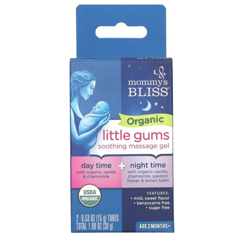 Mommy's Bliss, Organic Little Gums, успокаивающий массажный гель, дневной/ночной пакет, для детей в возрасте от 2 месяцев, 2 тюбика, 15 г (0,53 унции) каждый