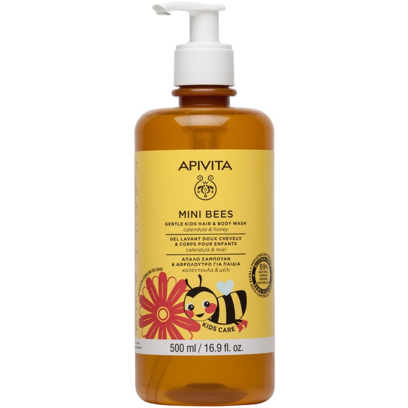 Apivita Детский нежный очищающий гель для тела и волос с Календулой и Мёдом, 500 мл (Apivita, Mini Bees)