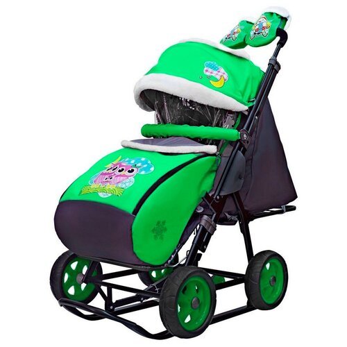 Санки-коляска Galaxy City-1, совушки на зелёном