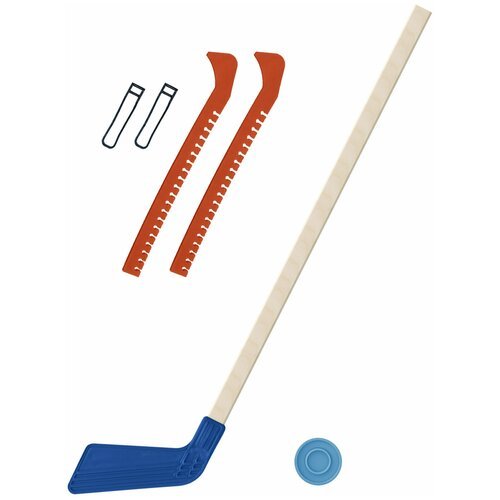Детский хоккейный набор для игр на улице, свежем воздухе для зимы для лета Клюшка хоккейная детская синяя 80 см. + шайба + Чехлы для коньков оранжевые
