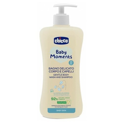 Chicco Baby moments нежное средство для мытья волос и тела Delicate skin (с дозатором), 500 мл