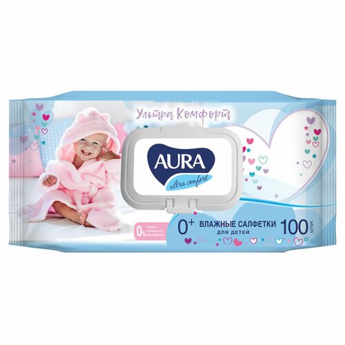 Салфетки влажные комплект 100 шт, для детей AURA 'Ultra comfort', гипоаллергенные, без спирта, крышка-клапан, 6486 упаковка 8 шт.