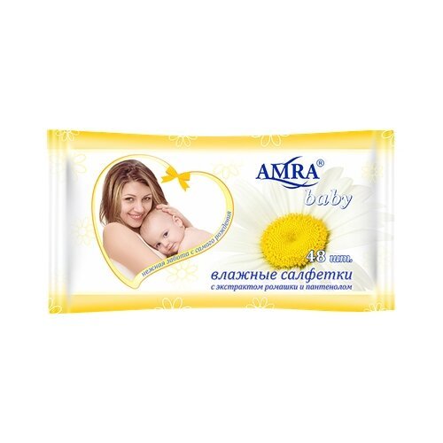 Влажные салфетки Amra Baby с экстрактом ромашки и пантенолом, 48 шт.