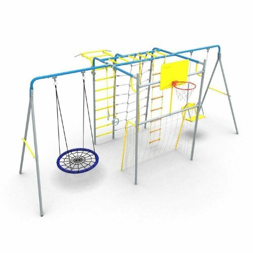 Детский спортивный комплекс Rokids Физрук-К2 + качели гнездо + качели со спинкой, ворота, лестница, канат, синий-серый-желтый
