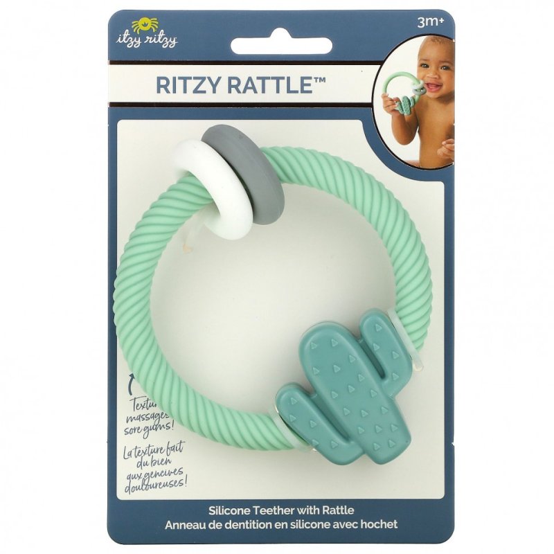 itzy ritzy, Ritzy Rattle, силиконовый прорезыватель с погремушкой, для детей от 3 месяцев, кактус, 1 прорезыватель для зубов