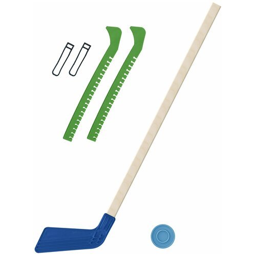 Детский хоккейный набор для игр на улице, свежем воздухе для зимы для лета Клюшка хоккейная детская синяя 80 см. + шайба + Чехлы для коньков зеленые
