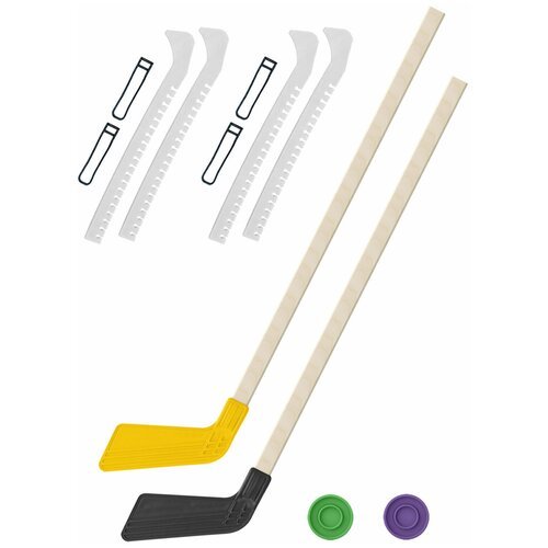 Детский хоккейный набор для игр на улице Клюшка хоккейная детская 2 шт жёлтая и чёрная 80 см.+2 шайбы + Чехлы для коньков белые - 2 шт. Винтер