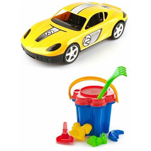Игрушки для песочницы для снега Детский автомобиль (Молния) желтый + Песочный набор Цветок