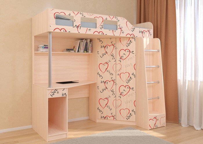 Кровати для подростков РВ-Мебель чердак Астра 7 Сердечки (дуб молочный)