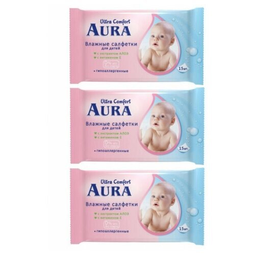 AURA Ultra Comfort Влажные салфетки для детей с алоэ и витамином Е, 100шт с крышкой/уп, 3 уп