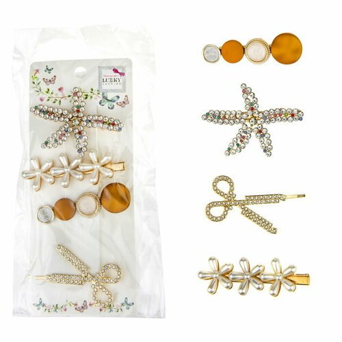 Lukky Fashion набор из 4х заколок, (морская звезда, цветы, круги, ножницы)