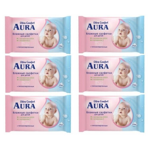 AURA Ultra Comfort Влажные салфетки для детей с алоэ и витамином Е, 100шт с крышкой/уп, 6 уп
