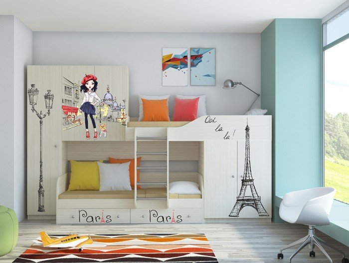 Кровати для подростков РВ-Мебель двухъярусная Лео Париж (дуб молочный)