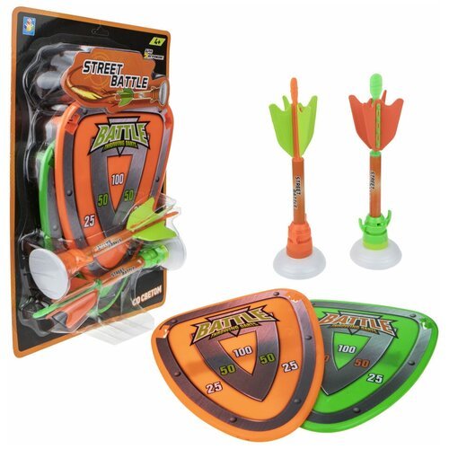 1toy Street Battle игр набор (в компл. 2 стрелы метательные с присоской и 2 щита-мишени, см, блистер), оранж-салат