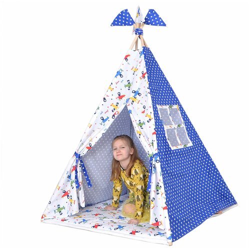 Вигвам Для Детей Игровой Домик-Палатка MASHUSHA 'Самолётик'. Комплект с Ковриком, Окошком, Флажками и системой Анти-складывания для Ребенка