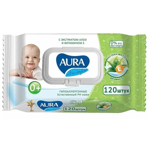 Влажные салфетки Aura Ultra comfort с экстрактом алоэ и витамином E, пластиковая крышка, 120 шт.